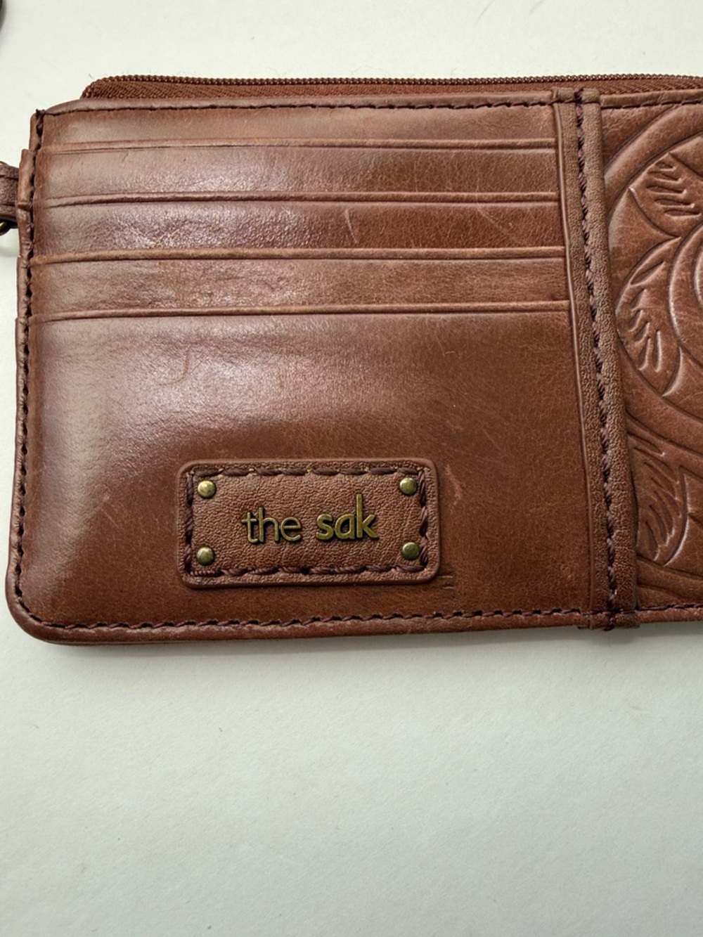 The Sak Brown Embossed Leather Card Wristlet with Keyring - Picture 2 of 5